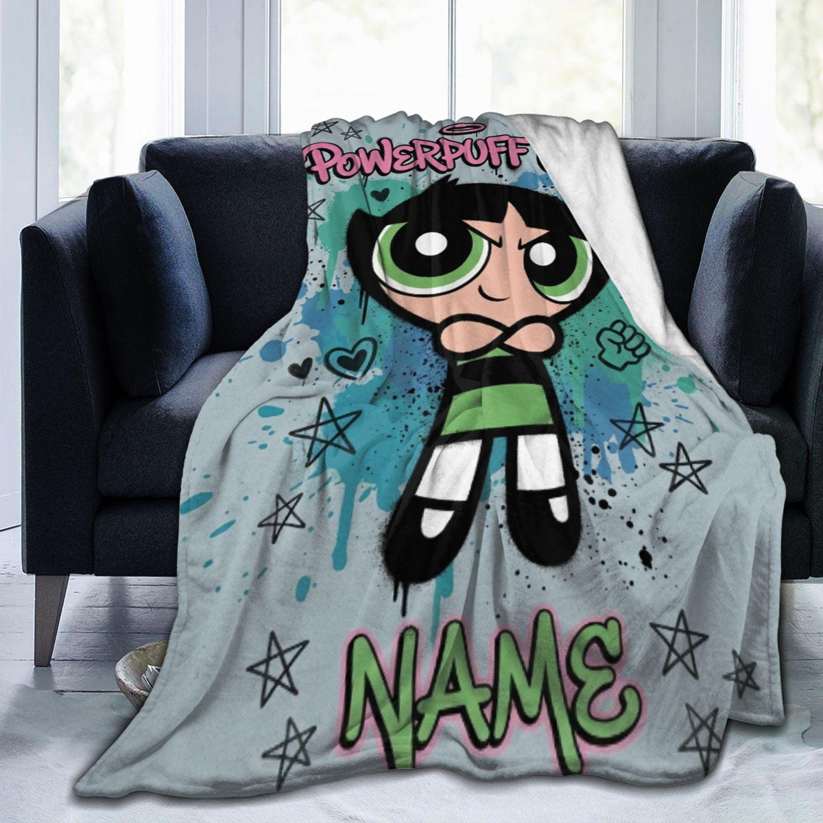 Custom Name Powerpuff Girls Blanket, Buttercup Punk Grunge Cartoon Throw, Personalized Cool Girl Blanket, Kids Birthday Gift, Bedroom Decor