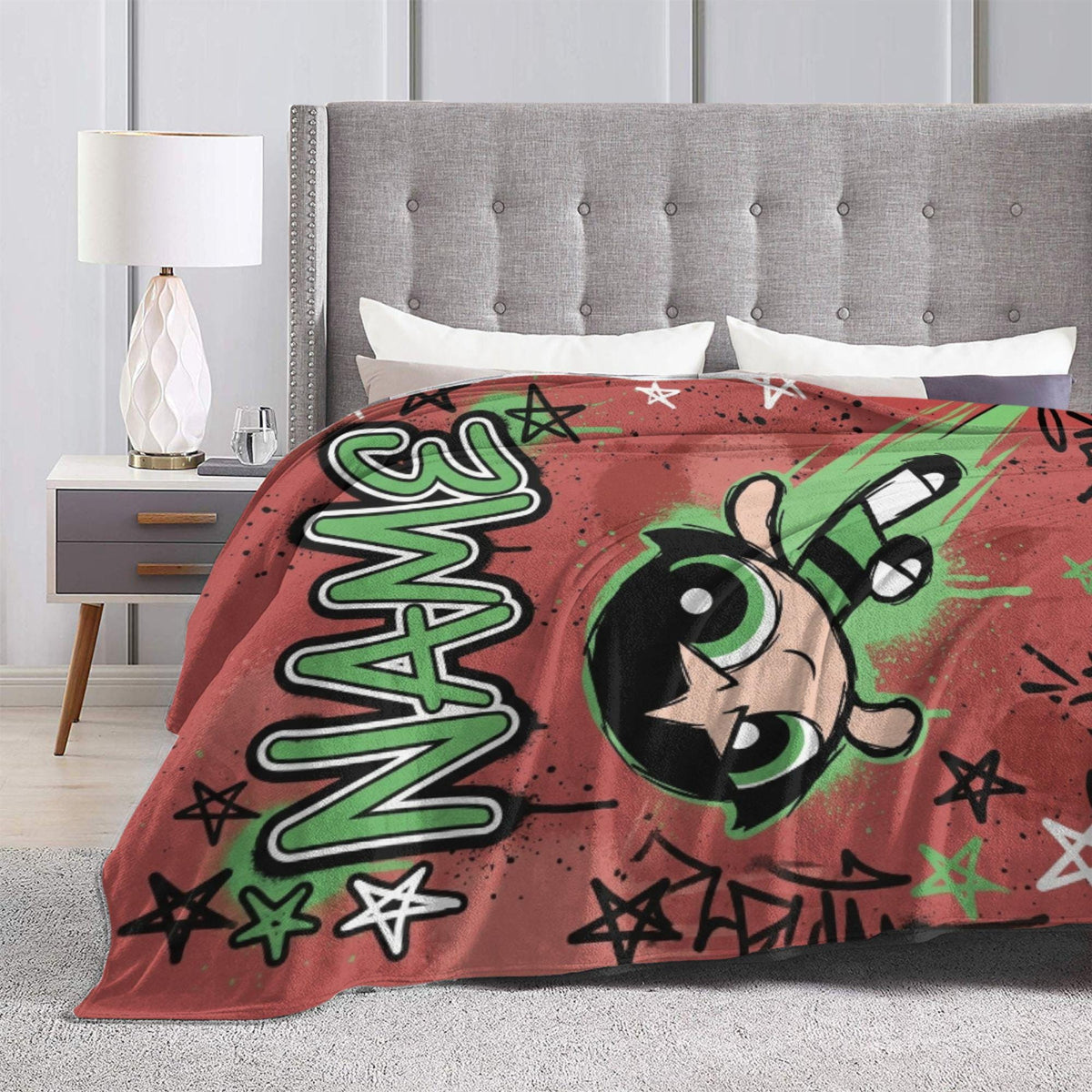 Personalized Powerpuff Girls Blanket, Custom Name Buttercup Red Graffiti Throw, Girls Cartoon Blanket, Kids Birthday Gift, Bedroom Decor