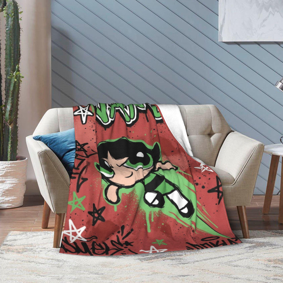 Personalized Powerpuff Girls Blanket, Custom Name Buttercup Red Graffiti Throw, Girls Cartoon Blanket, Kids Birthday Gift, Bedroom Decor