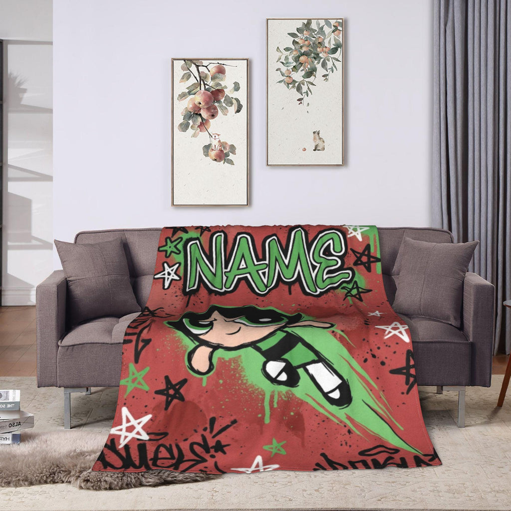 Personalized Powerpuff Girls Blanket, Custom Name Buttercup Red Graffiti Throw, Girls Cartoon Blanket, Kids Birthday Gift, Bedroom Decor