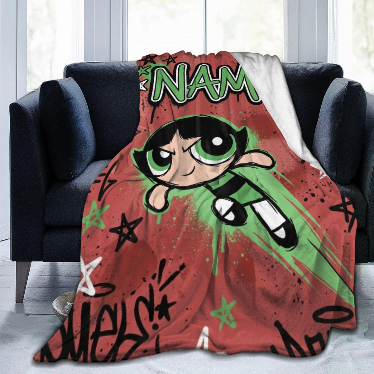 Personalized Powerpuff Girls Blanket, Custom Name Buttercup Red Graffiti Throw, Girls Cartoon Blanket, Kids Birthday Gift, Bedroom Decor