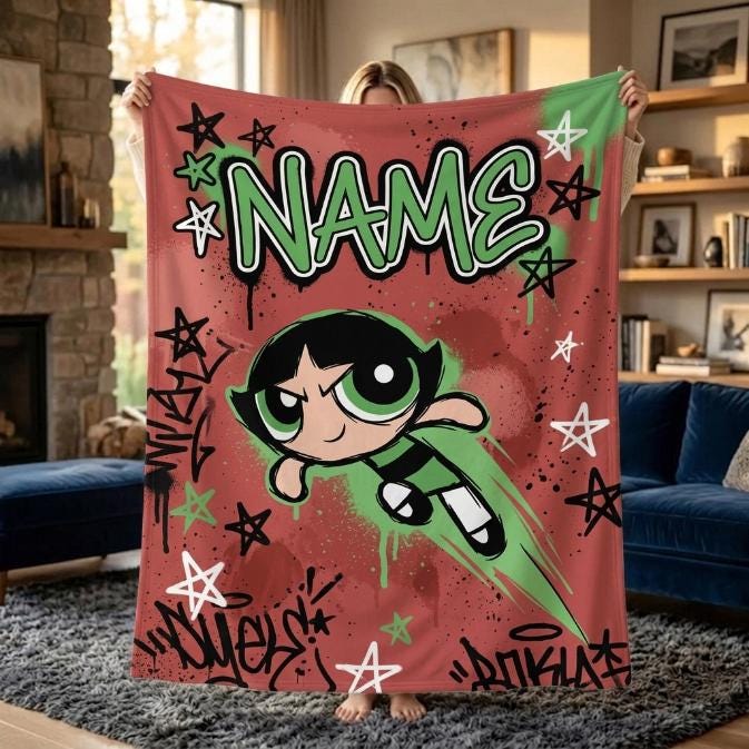 Personalized Powerpuff Girls Blanket, Custom Name Buttercup Red Graffiti Throw, Girls Cartoon Blanket, Kids Birthday Gift, Bedroom Decor