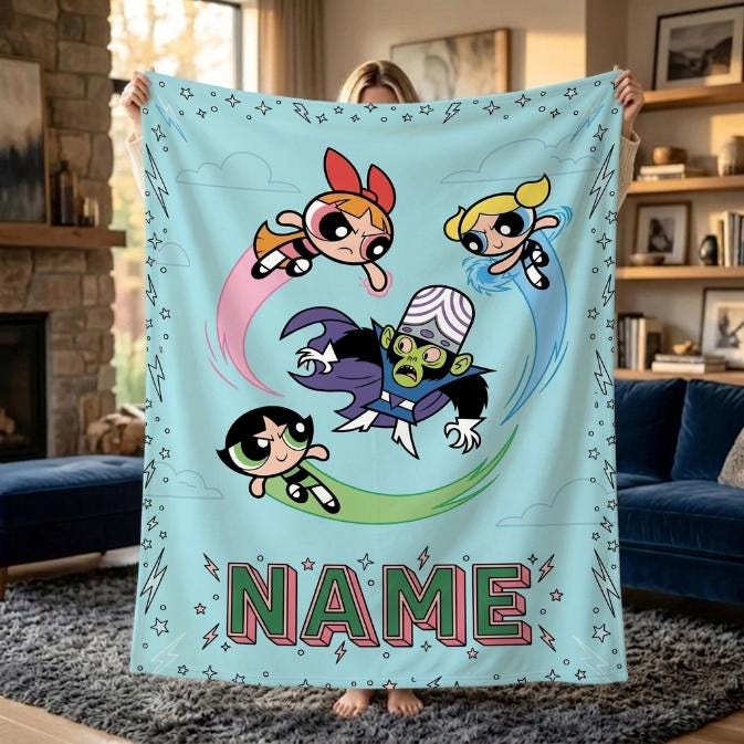Custom Powerpuff Girls vs Mojo Jojo Blanket, Personalized Blossom Bubbles Buttercup Throw, Kids Comic Blanket, Bedroom Decor