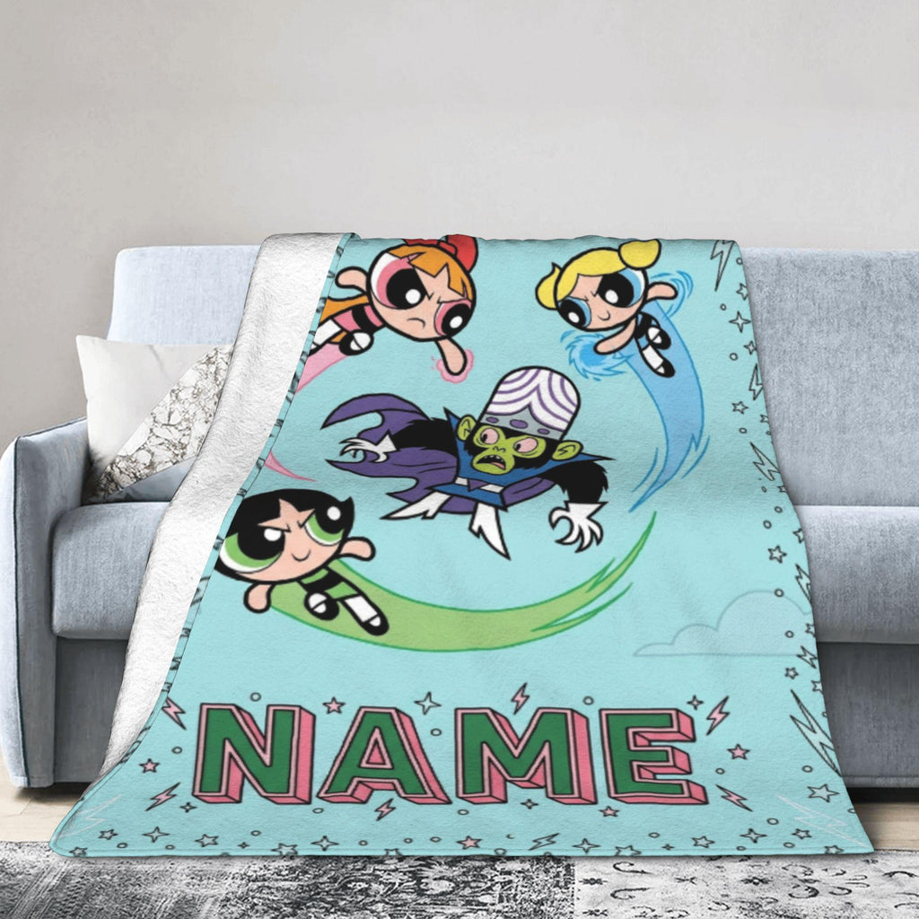 Custom Powerpuff Girls vs Mojo Jojo Blanket, Personalized Blossom Bubbles Buttercup Throw, Kids Comic Blanket, Bedroom Decor