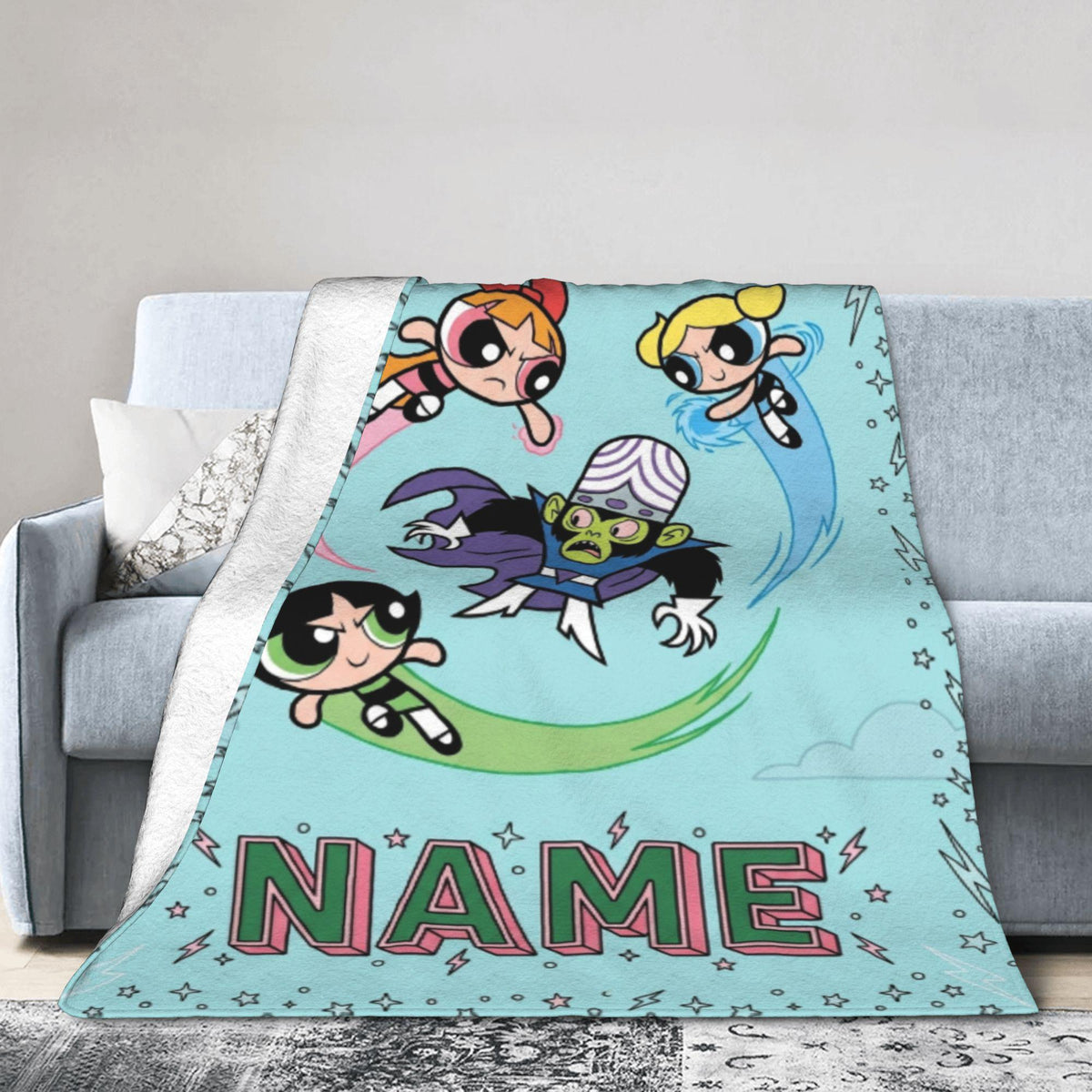 Custom Powerpuff Girls vs Mojo Jojo Blanket, Personalized Blossom Bubbles Buttercup Throw, Kids Comic Blanket, Bedroom Decor