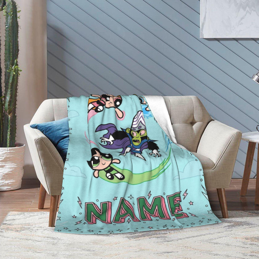 Custom Powerpuff Girls vs Mojo Jojo Blanket, Personalized Blossom Bubbles Buttercup Throw, Kids Comic Blanket, Bedroom Decor