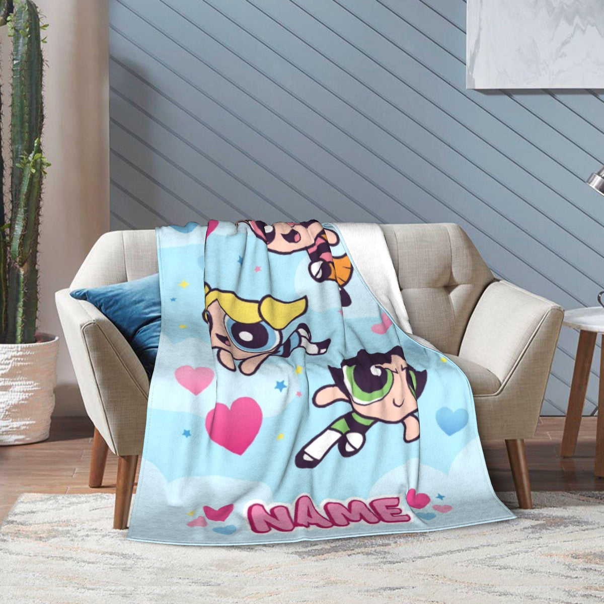 Personalized Powerpuff Girls Sky Blanket, Custom Name Heart Cloud Throw, Cute Blossom Bubbles Buttercup Fleece, Girls Room Decor