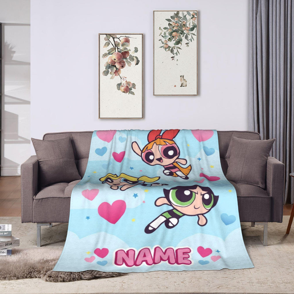 Personalized Powerpuff Girls Sky Blanket, Custom Name Heart Cloud Throw, Cute Blossom Bubbles Buttercup Fleece, Girls Room Decor