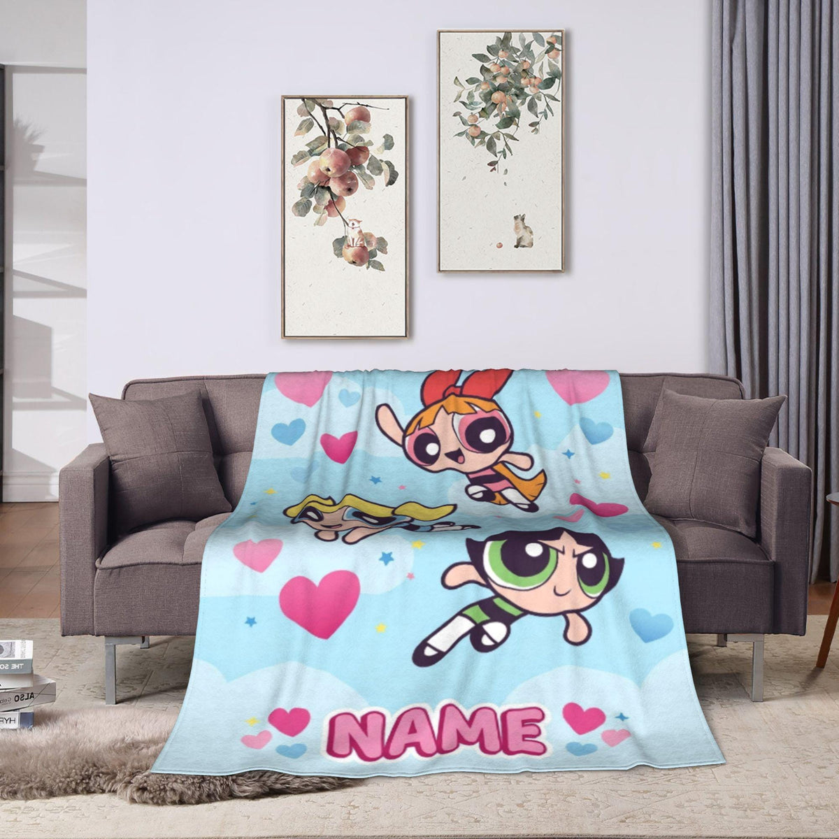 Personalized Powerpuff Girls Sky Blanket, Custom Name Heart Cloud Throw, Cute Blossom Bubbles Buttercup Fleece, Girls Room Decor