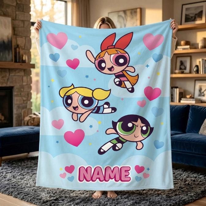 Personalized Powerpuff Girls Sky Blanket, Custom Name Heart Cloud Throw, Cute Blossom Bubbles Buttercup Fleece, Girls Room Decor