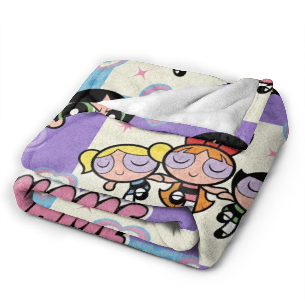 Cozy Powerpuff Girls Pattern Blanket, Custom Name Y2K Purple Flannel Throw, Blossom Bubbles Buttercup Decor, Birthday Gift For Girls