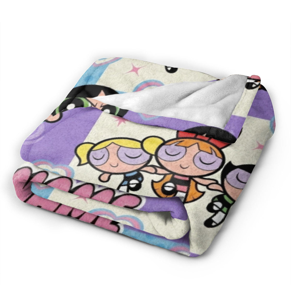 Cozy Powerpuff Girls Pattern Blanket, Custom Name Y2K Purple Flannel Throw, Blossom Bubbles Buttercup Decor, Birthday Gift For Girls