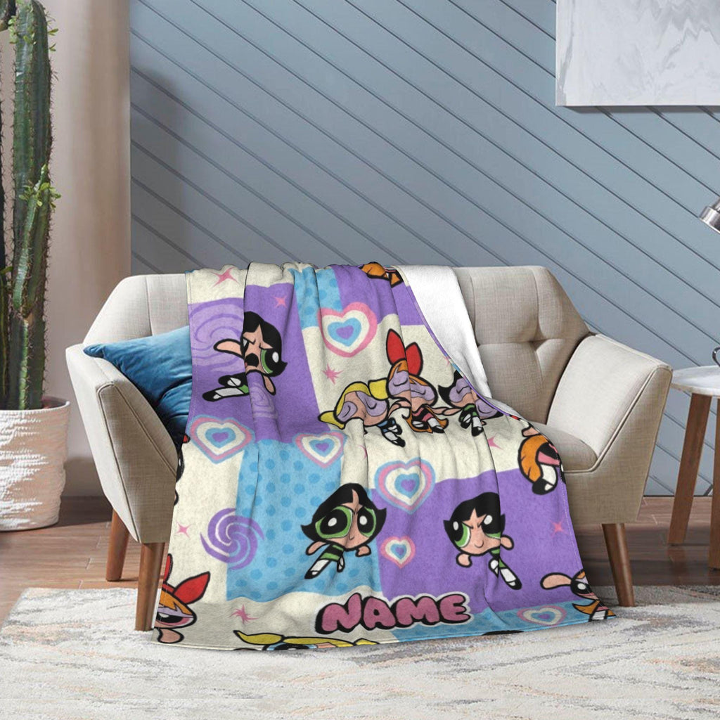 Cozy Powerpuff Girls Pattern Blanket, Custom Name Y2K Purple Flannel Throw, Blossom Bubbles Buttercup Decor, Birthday Gift For Girls
