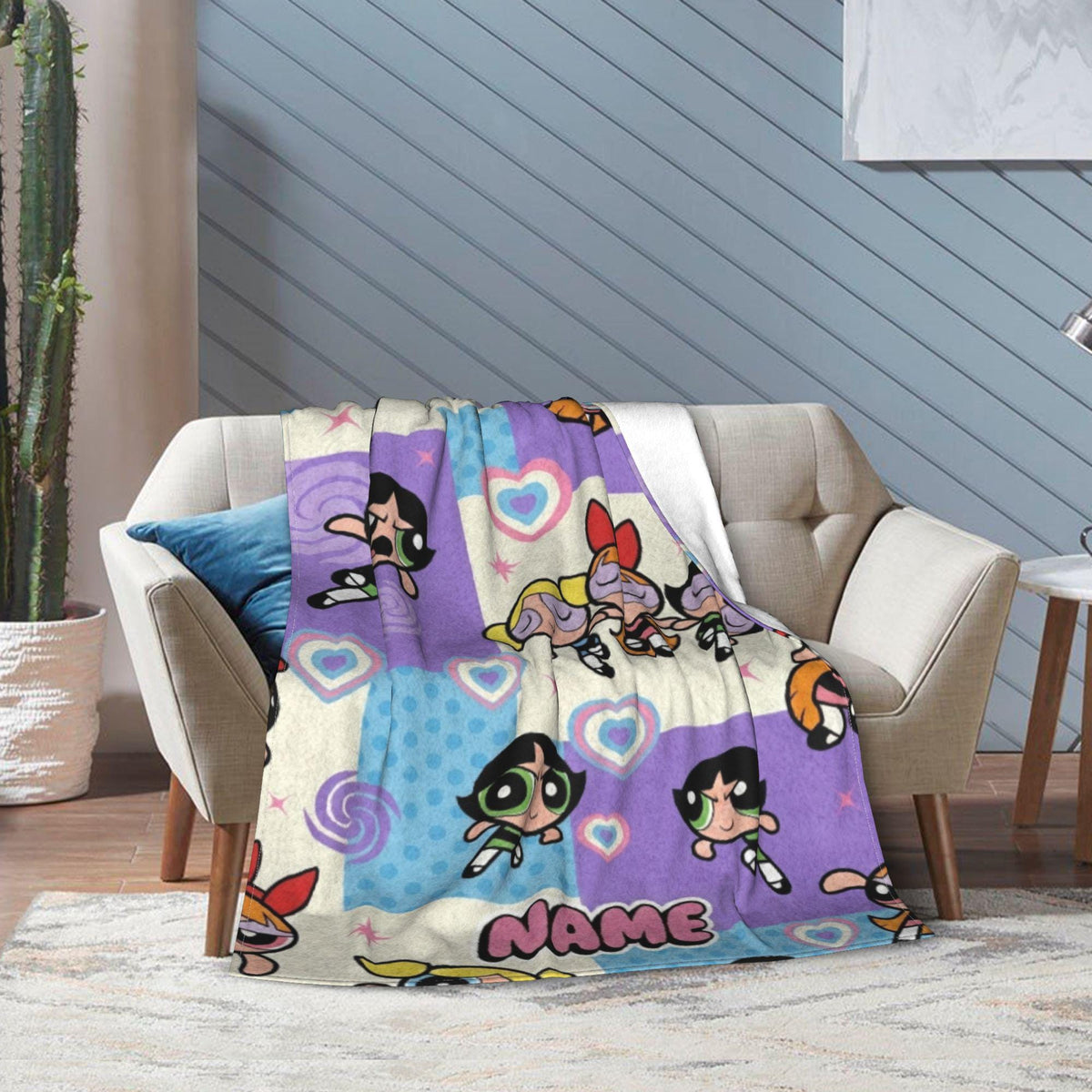 Cozy Powerpuff Girls Pattern Blanket, Custom Name Y2K Purple Flannel Throw, Blossom Bubbles Buttercup Decor, Birthday Gift For Girls