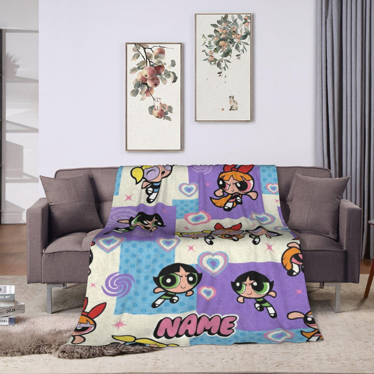 Cozy Powerpuff Girls Pattern Blanket, Custom Name Y2K Purple Flannel Throw, Blossom Bubbles Buttercup Decor, Birthday Gift For Girls