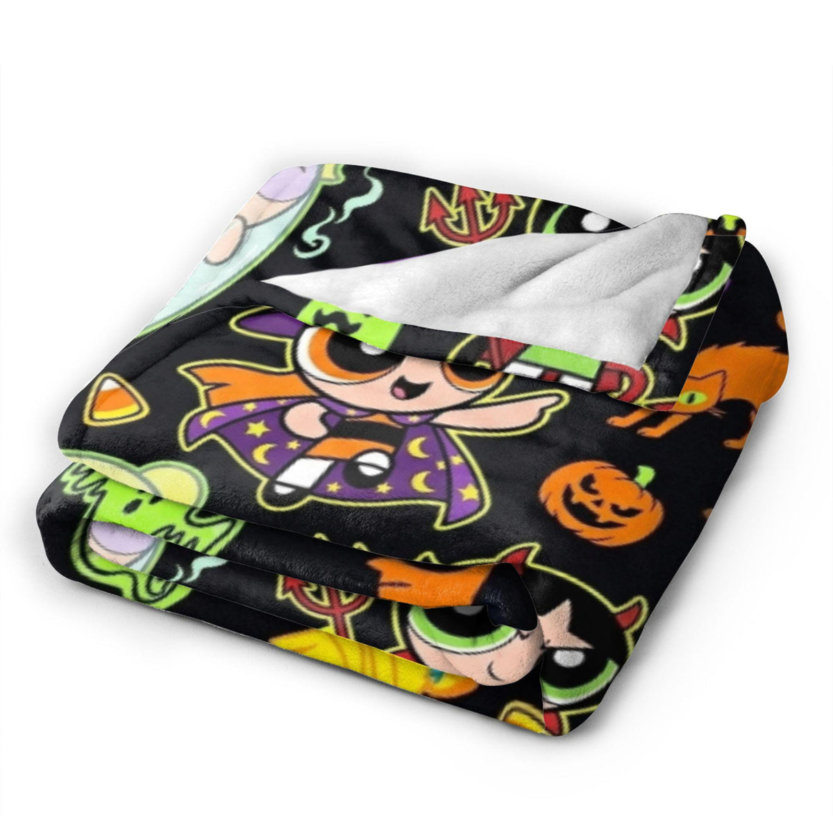 Spooky Custom Powerpuff Girls Halloween Blanket, Personalized Witch Ghost Devil Throw, Cute Spooky Blanket, Kids Holiday Decor