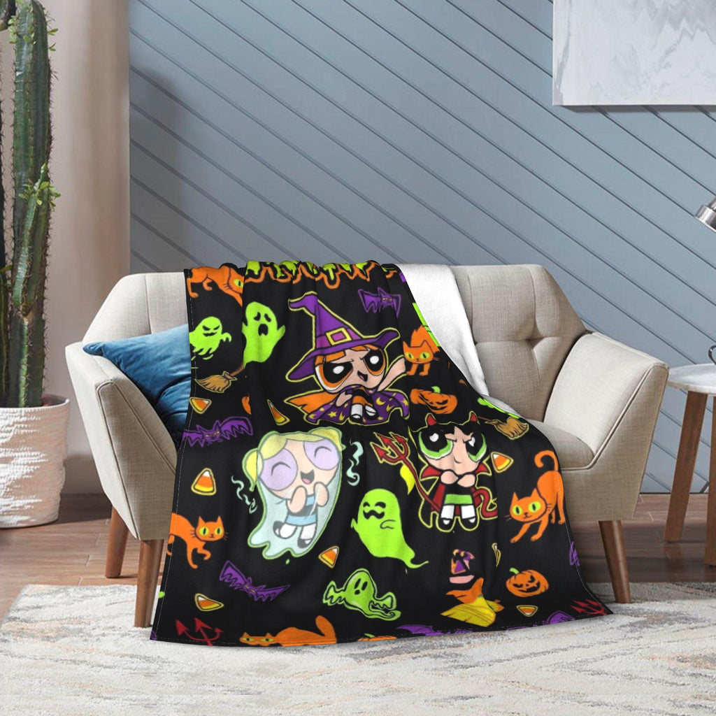 Spooky Custom Powerpuff Girls Halloween Blanket, Personalized Witch Ghost Devil Throw, Cute Spooky Blanket, Kids Holiday Decor