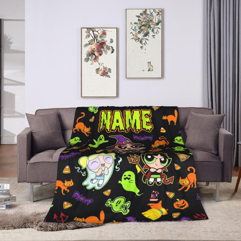 Spooky Custom Powerpuff Girls Halloween Blanket, Personalized Witch Ghost Devil Throw, Cute Spooky Blanket, Kids Holiday Decor