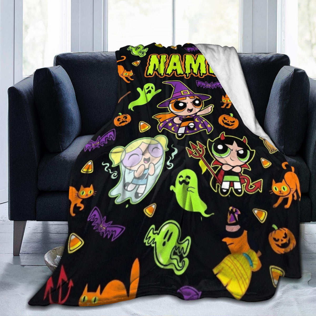 Spooky Custom Powerpuff Girls Halloween Blanket, Personalized Witch Ghost Devil Throw, Cute Spooky Blanket, Kids Holiday Decor