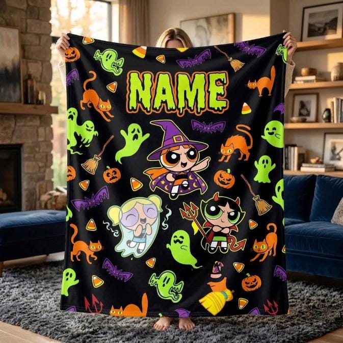 Spooky Custom Powerpuff Girls Halloween Blanket, Personalized Witch Ghost Devil Throw, Cute Spooky Blanket, Kids Holiday Decor