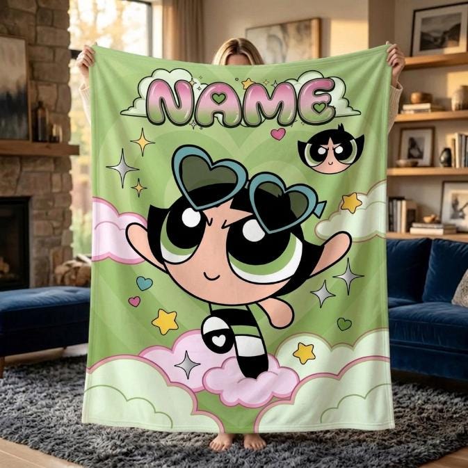Personalized Buttercup Blanket, Custom Name Y2K Green Heart Sunglasses Throw, Cool Powerpuff Girls Fleece, Trendy Girls Room Decor