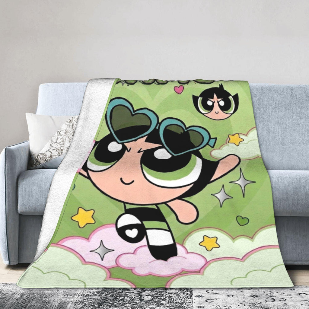 Personalized Buttercup Blanket, Custom Name Y2K Green Heart Sunglasses Throw, Cool Powerpuff Girls Fleece, Trendy Girls Room Decor