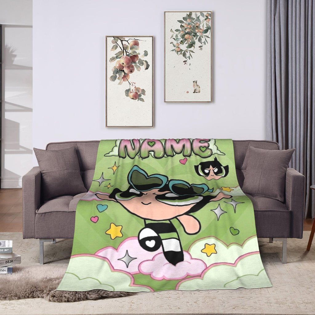 Personalized Buttercup Blanket, Custom Name Y2K Green Heart Sunglasses Throw, Cool Powerpuff Girls Fleece, Trendy Girls Room Decor