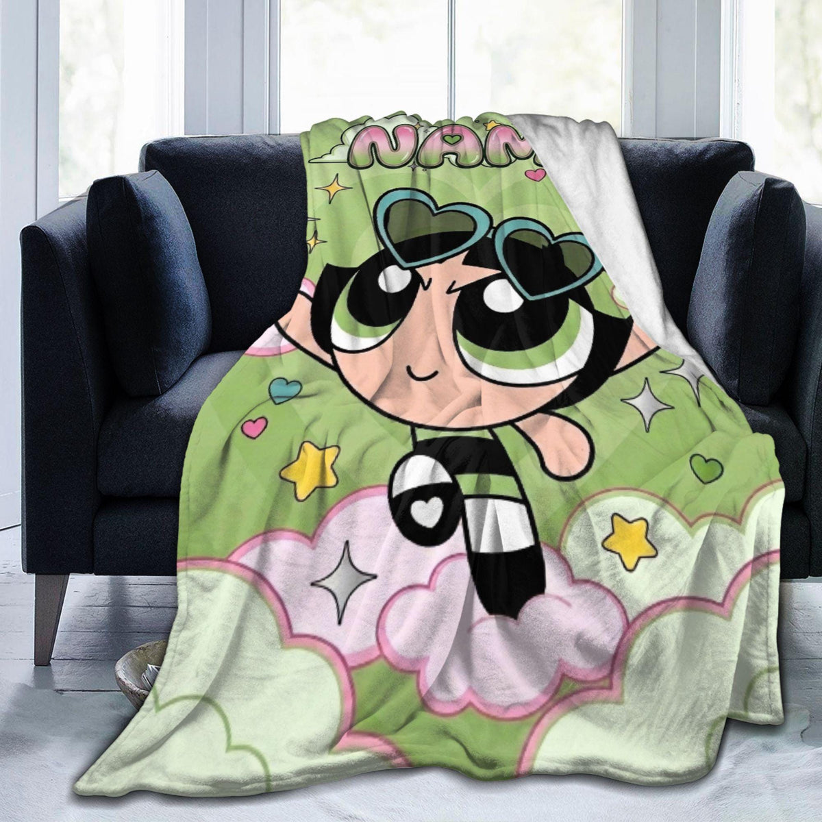 Personalized Buttercup Blanket, Custom Name Y2K Green Heart Sunglasses Throw, Cool Powerpuff Girls Fleece, Trendy Girls Room Decor