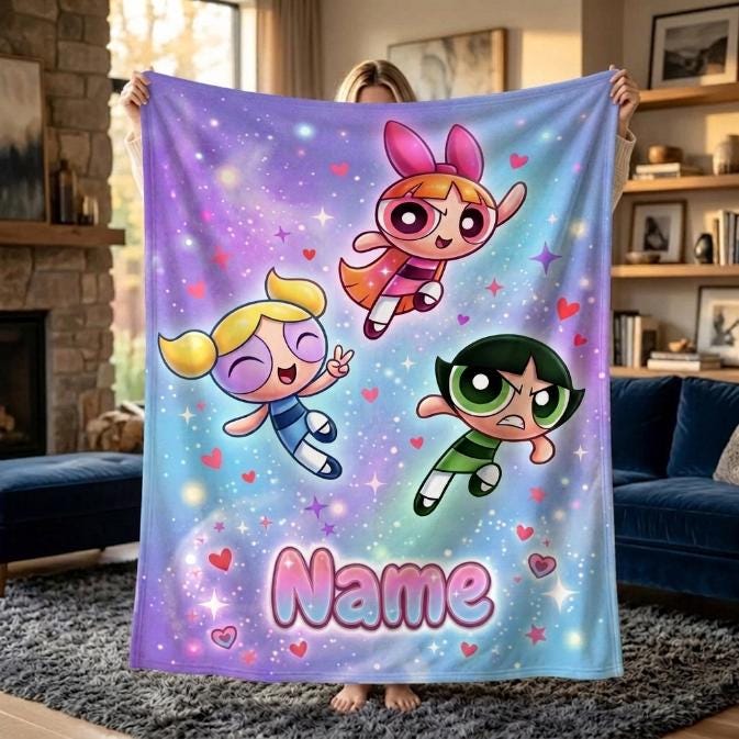 Magical Powerpuff Girls Galaxy Blanket, Custom Name Sparkly Hearts Throw, Blossom Bubbles Buttercup Fleece, Cute Girls Bedroom Decor