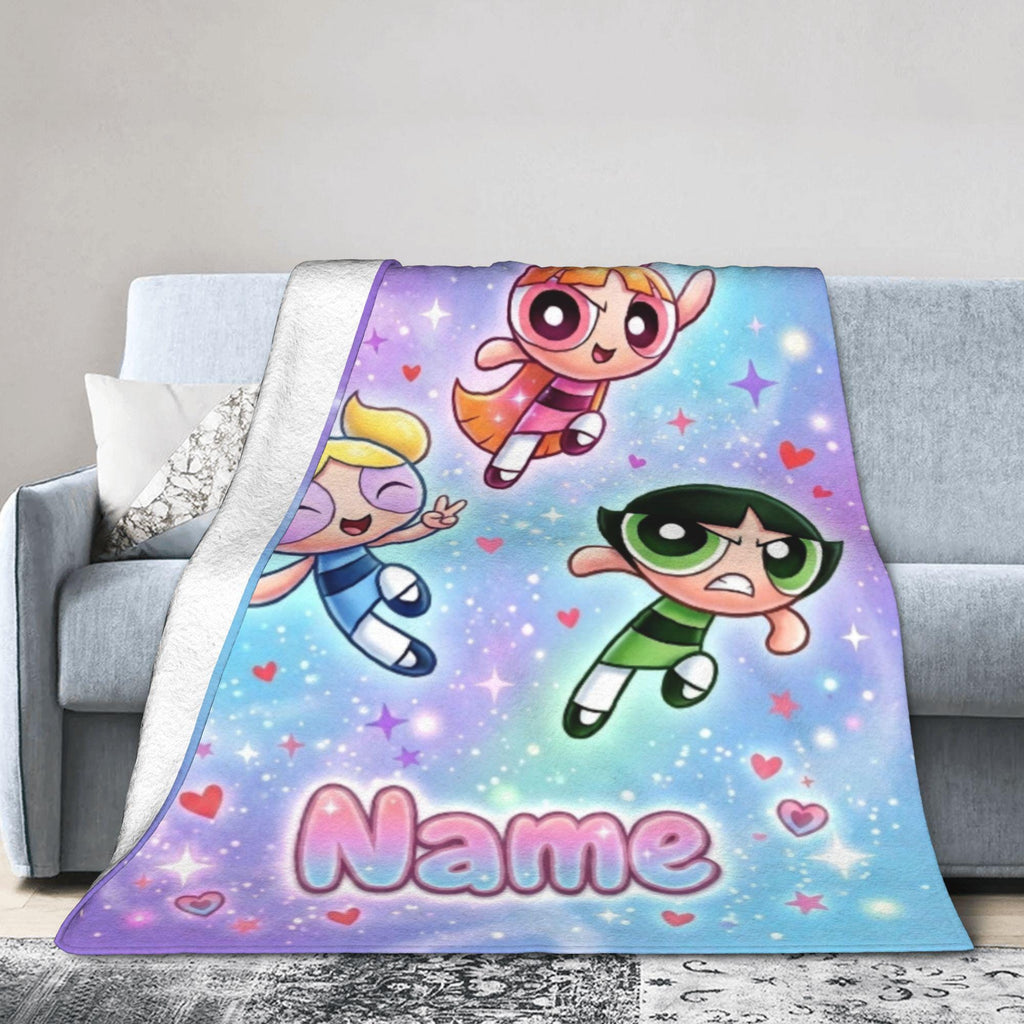 Magical Powerpuff Girls Galaxy Blanket, Custom Name Sparkly Hearts Throw, Blossom Bubbles Buttercup Fleece, Cute Girls Bedroom Decor