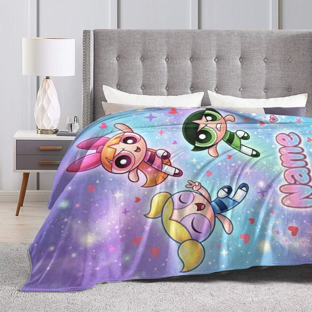 Magical Powerpuff Girls Galaxy Blanket, Custom Name Sparkly Hearts Throw, Blossom Bubbles Buttercup Fleece, Cute Girls Bedroom Decor