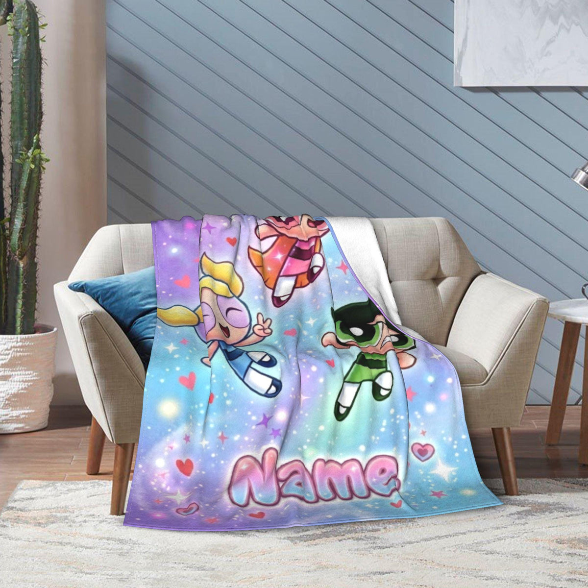 Magical Powerpuff Girls Galaxy Blanket, Custom Name Sparkly Hearts Throw, Blossom Bubbles Buttercup Fleece, Cute Girls Bedroom Decor