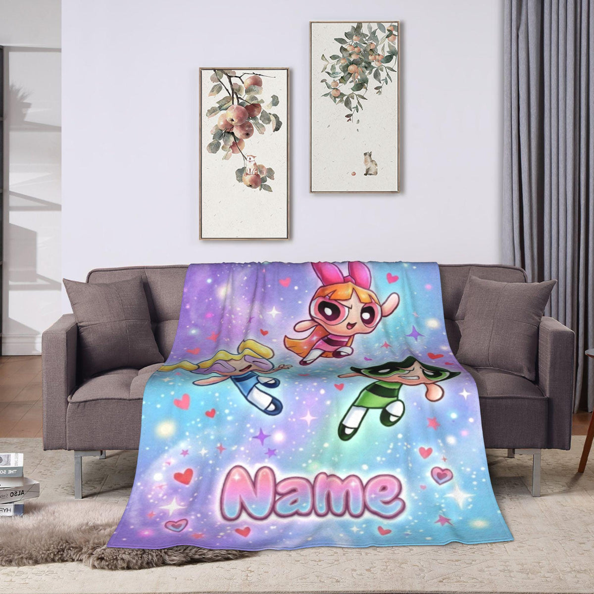 Magical Powerpuff Girls Galaxy Blanket, Custom Name Sparkly Hearts Throw, Blossom Bubbles Buttercup Fleece, Cute Girls Bedroom Decor