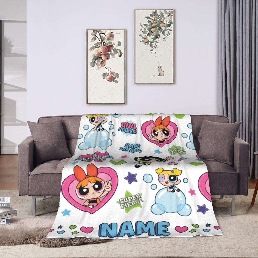 Girl Power Custom Powerpuff Girls Blanket, Personalized Girl Power Badge Throw, Blossom Bubbles Buttercup Blanket, Cute Kids Room Decor