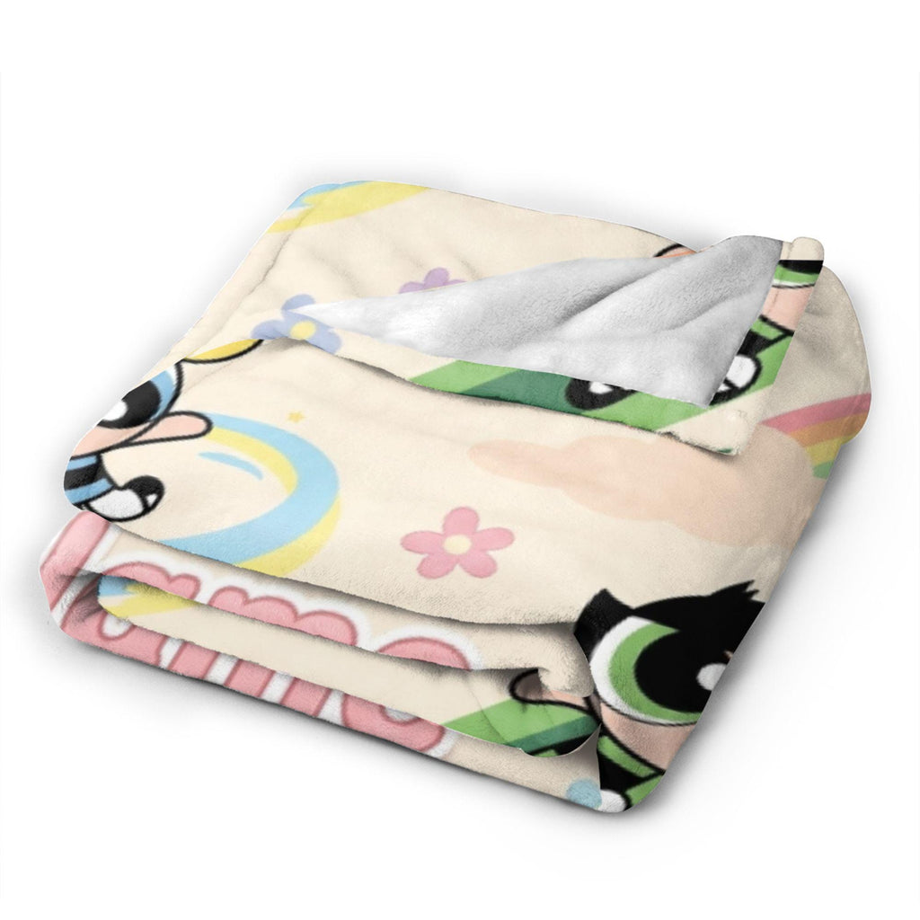 Rainbow Powerpuff Girls Blanket, Personalized Cute Blossom Bubbles Buttercup Cloud Throw, Cream Flannel Fleece, Toddler Bedroom Decor