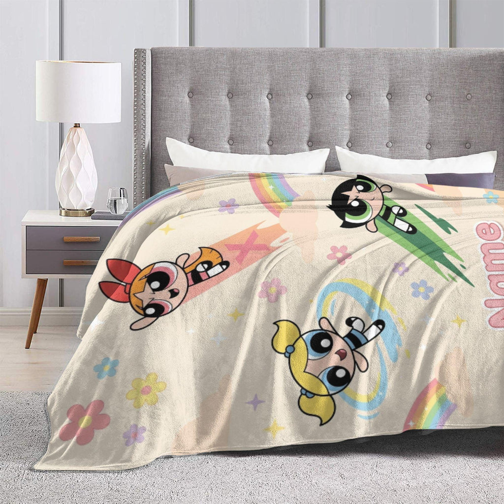 Rainbow Powerpuff Girls Blanket, Personalized Cute Blossom Bubbles Buttercup Cloud Throw, Cream Flannel Fleece, Toddler Bedroom Decor