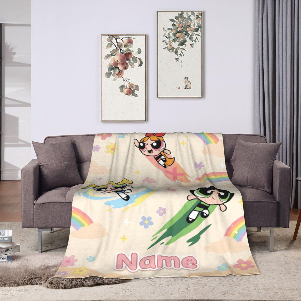 Rainbow Powerpuff Girls Blanket, Personalized Cute Blossom Bubbles Buttercup Cloud Throw, Cream Flannel Fleece, Toddler Bedroom Decor