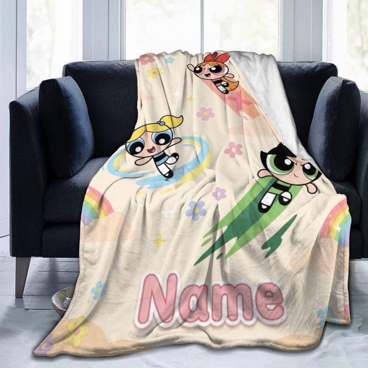 Rainbow Powerpuff Girls Blanket, Personalized Cute Blossom Bubbles Buttercup Cloud Throw, Cream Flannel Fleece, Toddler Bedroom Decor