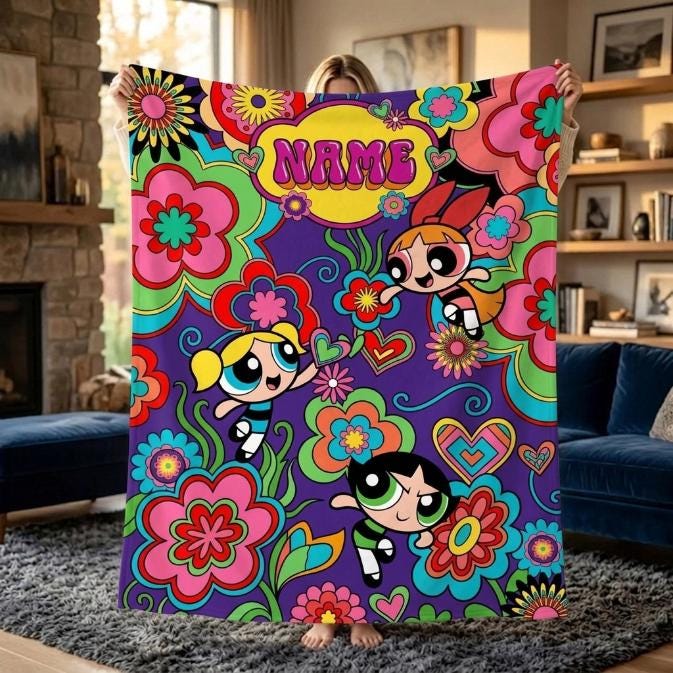 Groovy Retro Powerpuff Girls Blanket, Custom Name 70s Psychedelic Flower Throw, Blossom Bubbles Buttercup Decor, Gift For Girls