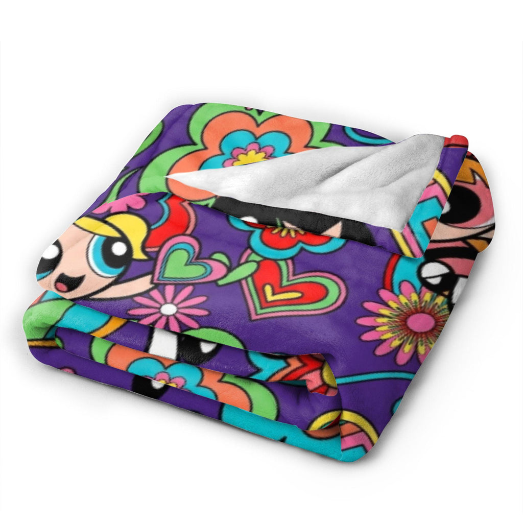 Groovy Retro Powerpuff Girls Blanket, Custom Name 70s Psychedelic Flower Throw, Blossom Bubbles Buttercup Decor, Gift For Girls