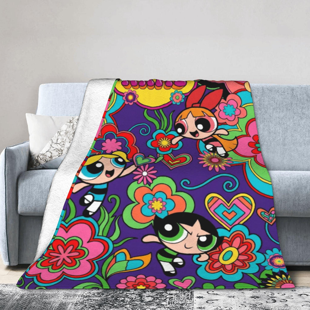 Groovy Retro Powerpuff Girls Blanket, Custom Name 70s Psychedelic Flower Throw, Blossom Bubbles Buttercup Decor, Gift For Girls