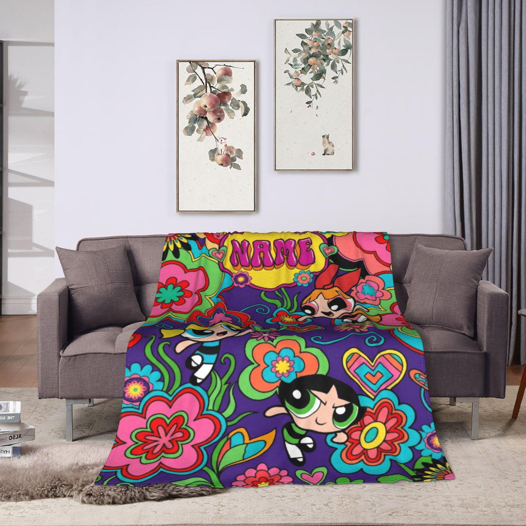 Groovy Retro Powerpuff Girls Blanket, Custom Name 70s Psychedelic Flower Throw, Blossom Bubbles Buttercup Decor, Gift For Girls