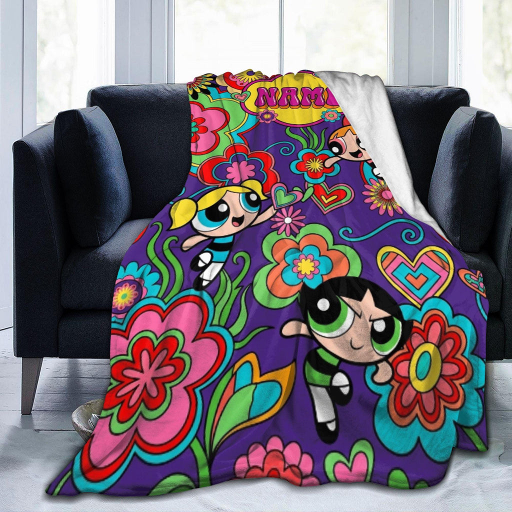 Groovy Retro Powerpuff Girls Blanket, Custom Name 70s Psychedelic Flower Throw, Blossom Bubbles Buttercup Decor, Gift For Girls