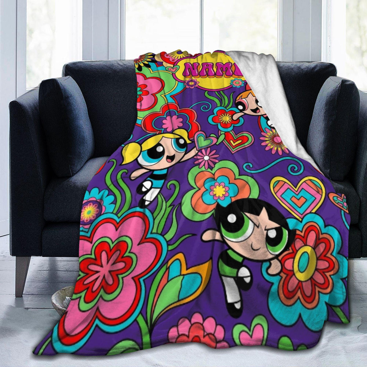 Groovy Retro Powerpuff Girls Blanket, Custom Name 70s Psychedelic Flower Throw, Blossom Bubbles Buttercup Decor, Gift For Girls