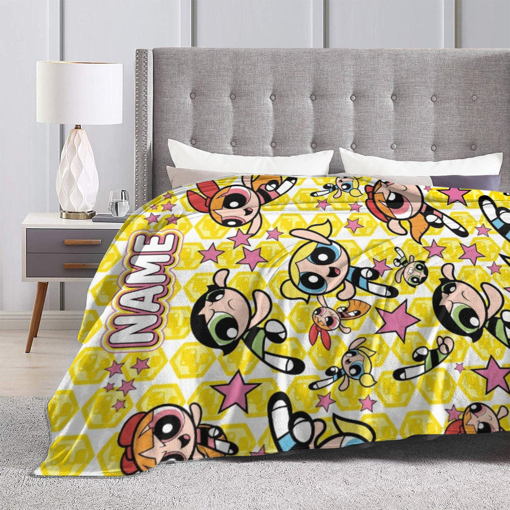 Bright Custom Powerpuff Girls Yellow Blanket, Personalized Honeycomb Stars Pattern Throw, Cute Blossom Bubbles Buttercup Room Decor