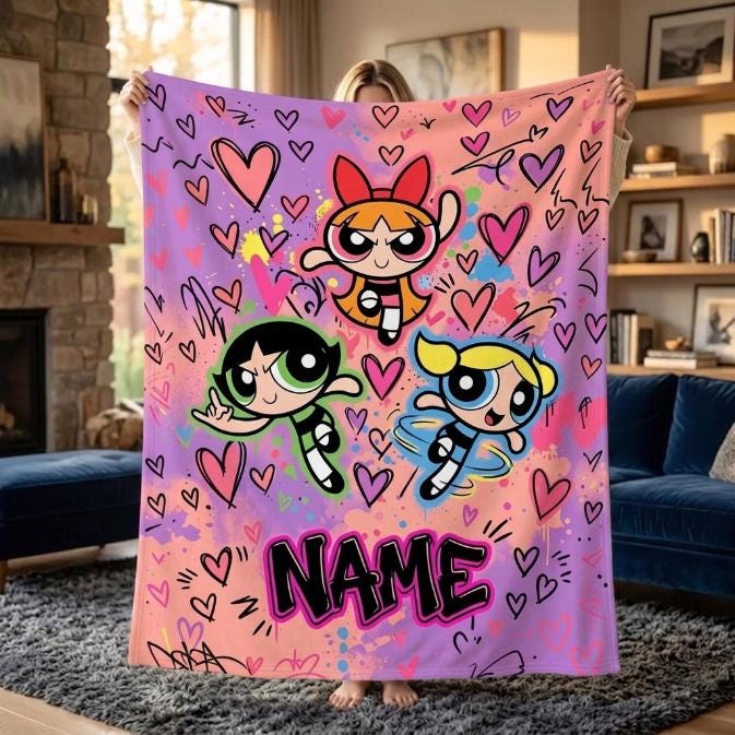 Personalized Powerpuff Girls Graffiti Blanket, Custom Name Pink Purple Hearts Throw, Street Art Blossom Bubbles Buttercup, Cool Girl Gift