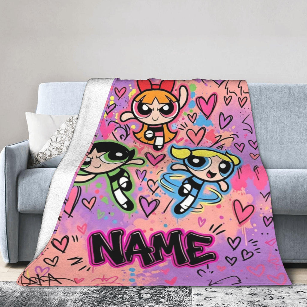 Personalized Powerpuff Girls Graffiti Blanket, Custom Name Pink Purple Hearts Throw, Street Art Blossom Bubbles Buttercup, Cool Girl Gift