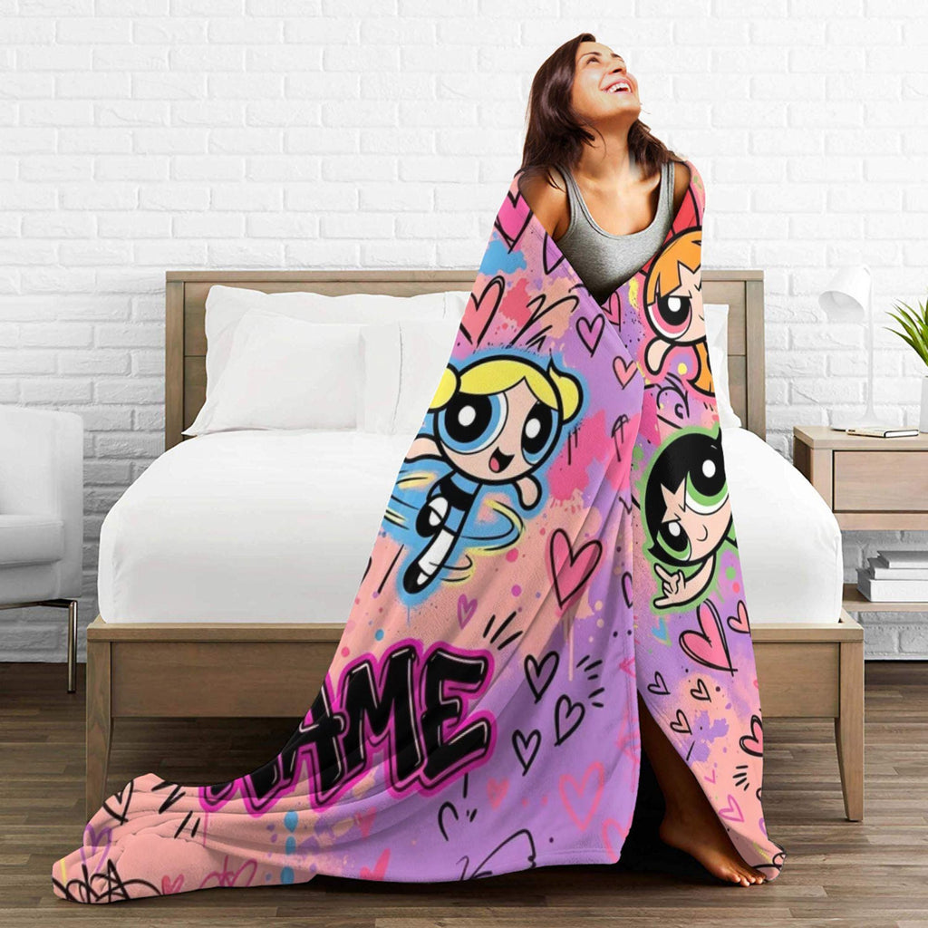 Personalized Powerpuff Girls Graffiti Blanket, Custom Name Pink Purple Hearts Throw, Street Art Blossom Bubbles Buttercup, Cool Girl Gift