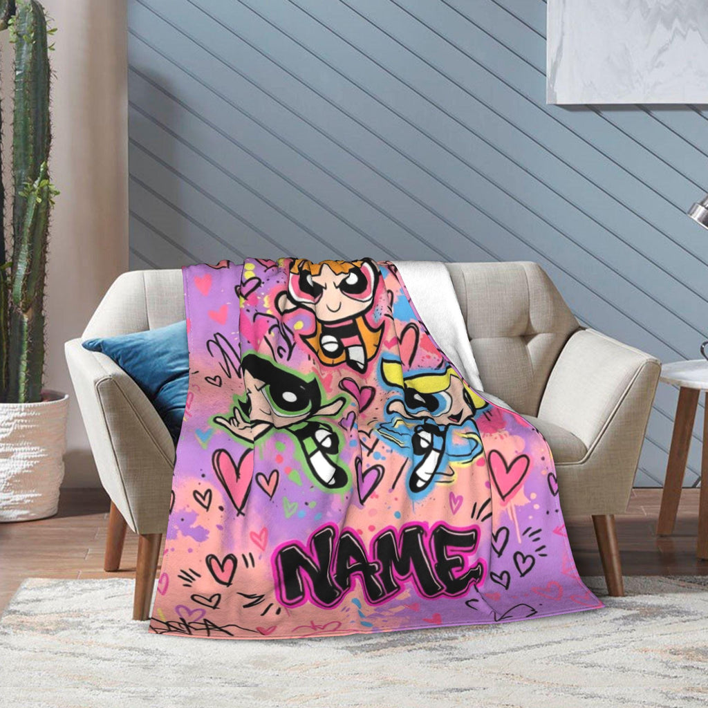 Personalized Powerpuff Girls Graffiti Blanket, Custom Name Pink Purple Hearts Throw, Street Art Blossom Bubbles Buttercup, Cool Girl Gift