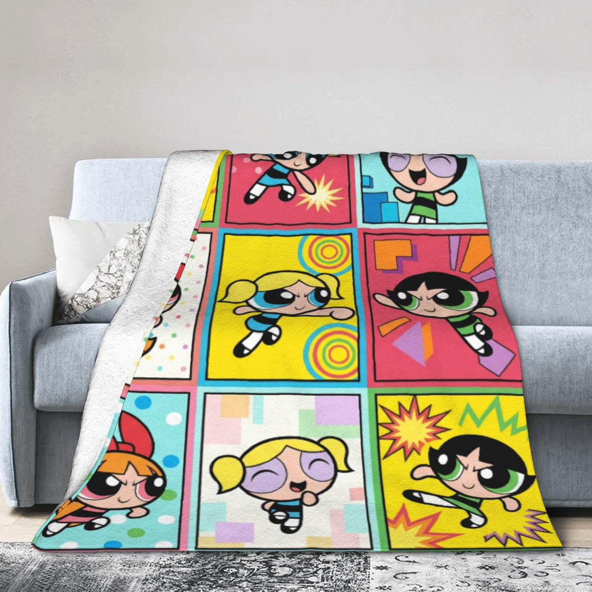 Retro Powerpuff Girls Comic Fleece Blanket, Custom Name Grid Throw